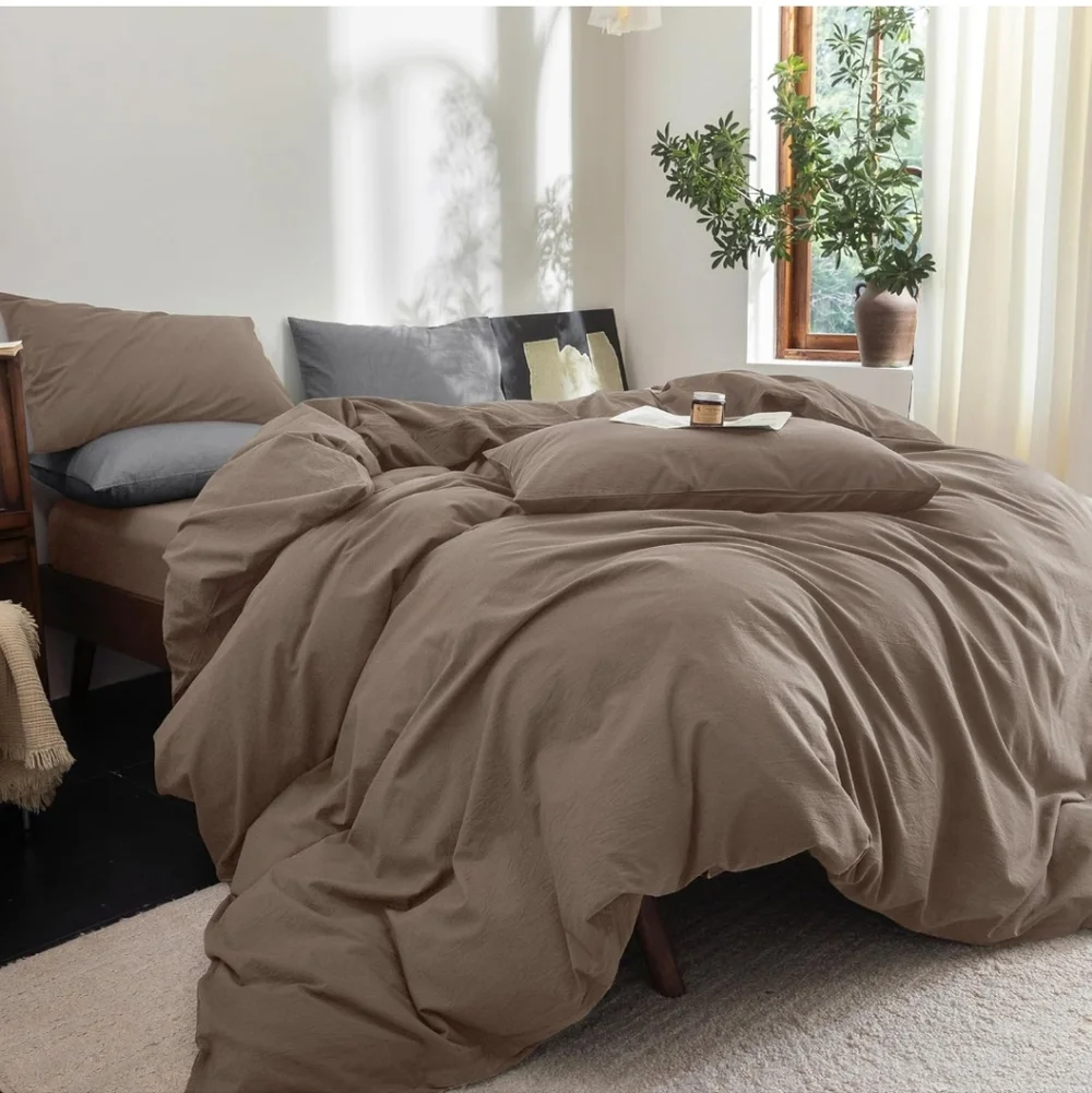 FOSSA Duvet Cover Set 100% Washed Cotton Linen Feel Super Soft Breathable Cozy Q